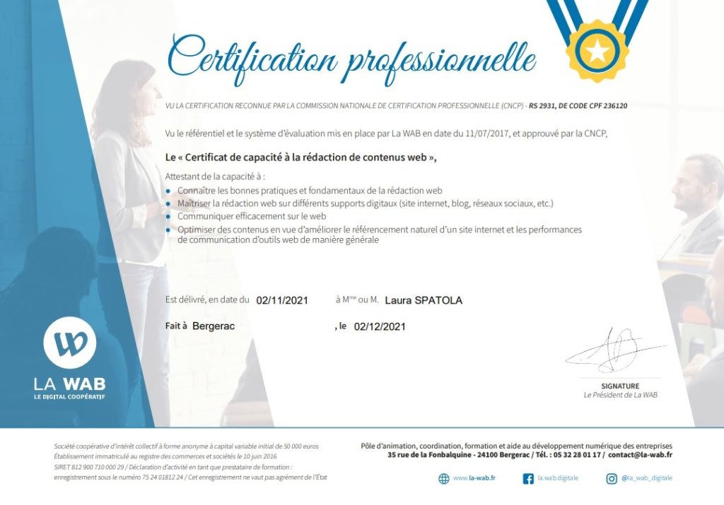 certification professionnelle de rédaction web de Laura Spatola